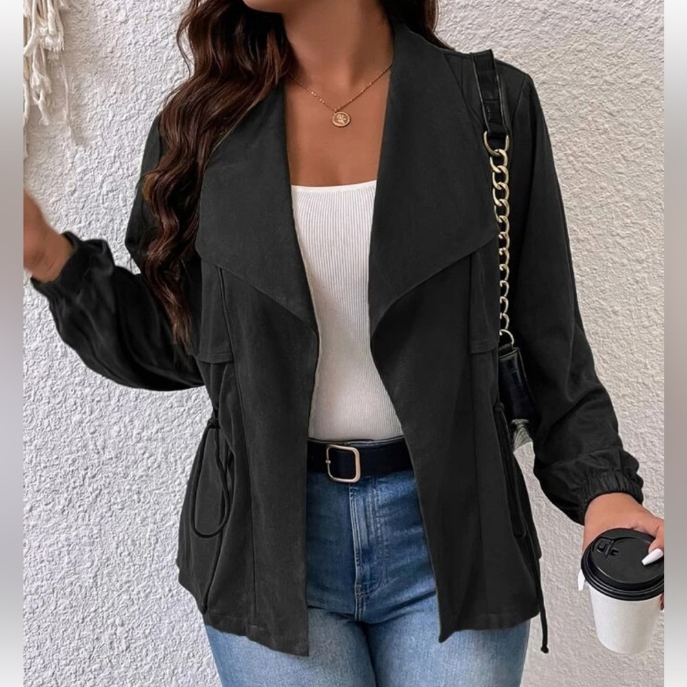 SHEIN Curve Women’s Black Waterfall Collar‎ Drawstring Waist Jacket 1XL NWT